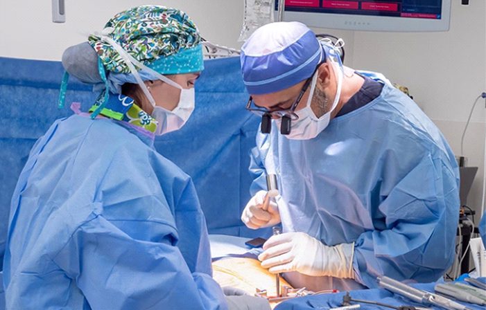 Two surgeons in blue gowns and masks performing surgery.
