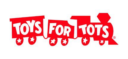 A red train with stars and the words " toys for tots ".