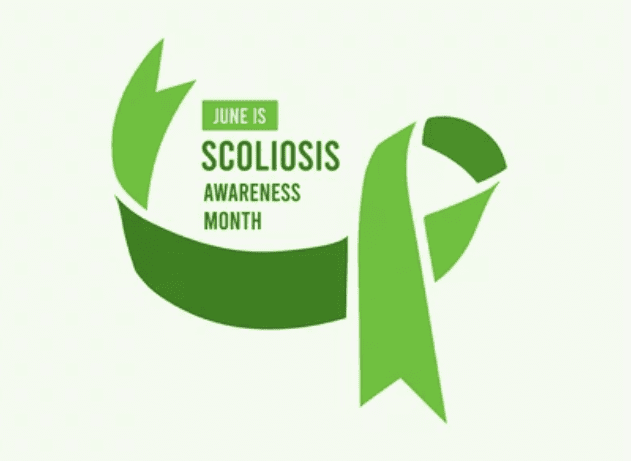 A green ribbon with the words " june is scoliosis awareness month ".