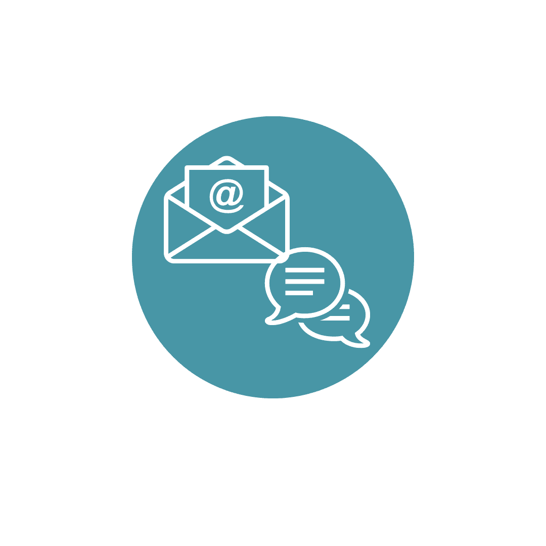 A blue circle with an email and a speech bubble.